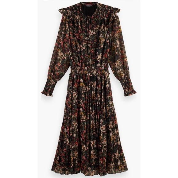 Scotch & Soda Printed Smocked Midi Dress Meadow Deep Raspberry XS NEW - Picture 1 of 8